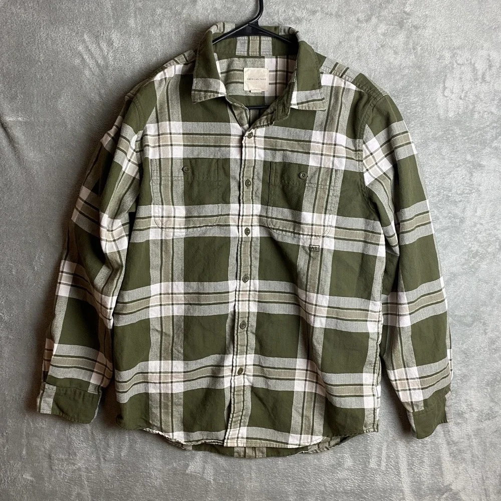 American Eagle Mens Large Green Plaid Long Sleeve Button Front Shirt